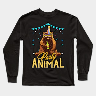 Party Animal Cute Bear in Party Hat Funny Birthday Long Sleeve T-Shirt